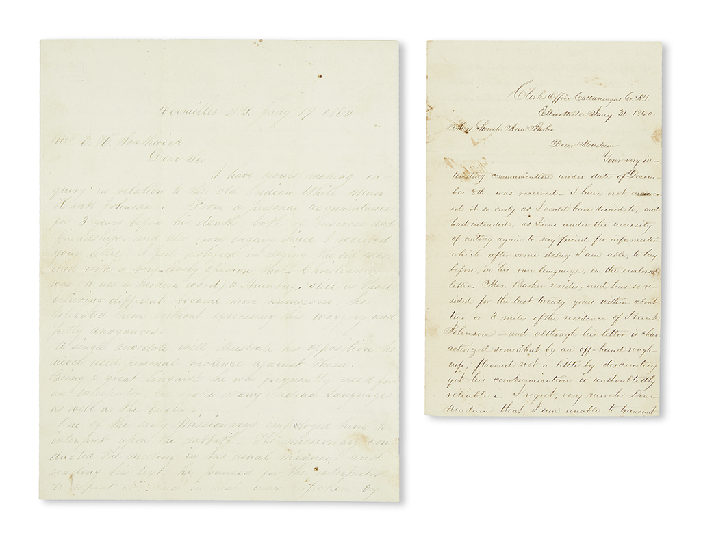 (AMERICAN INDIANS.) Letters regarding efforts to track a lost relative captured and raised by the Senecas.